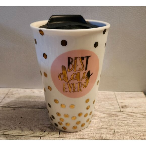 Ceramic Travel Mug with Lid Best Day Ever Polka Dot Charming Charlie - Picture 1 of 10